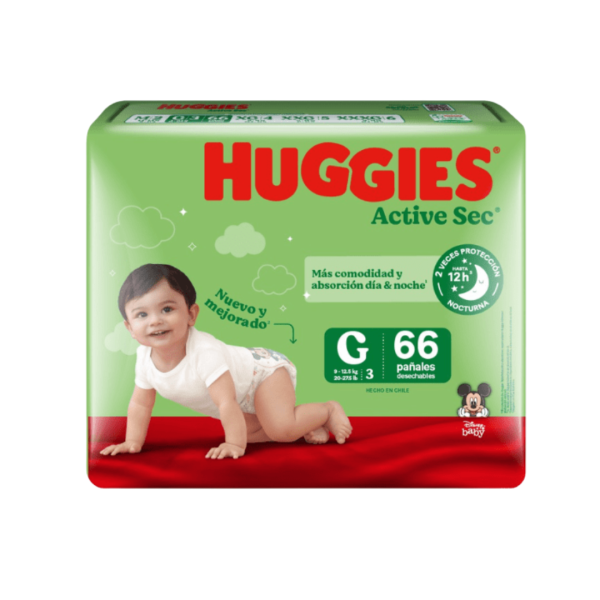 Pañales Huggies Active Sec Talla G / 66 Unidades – Máxima Protección y Comodidad