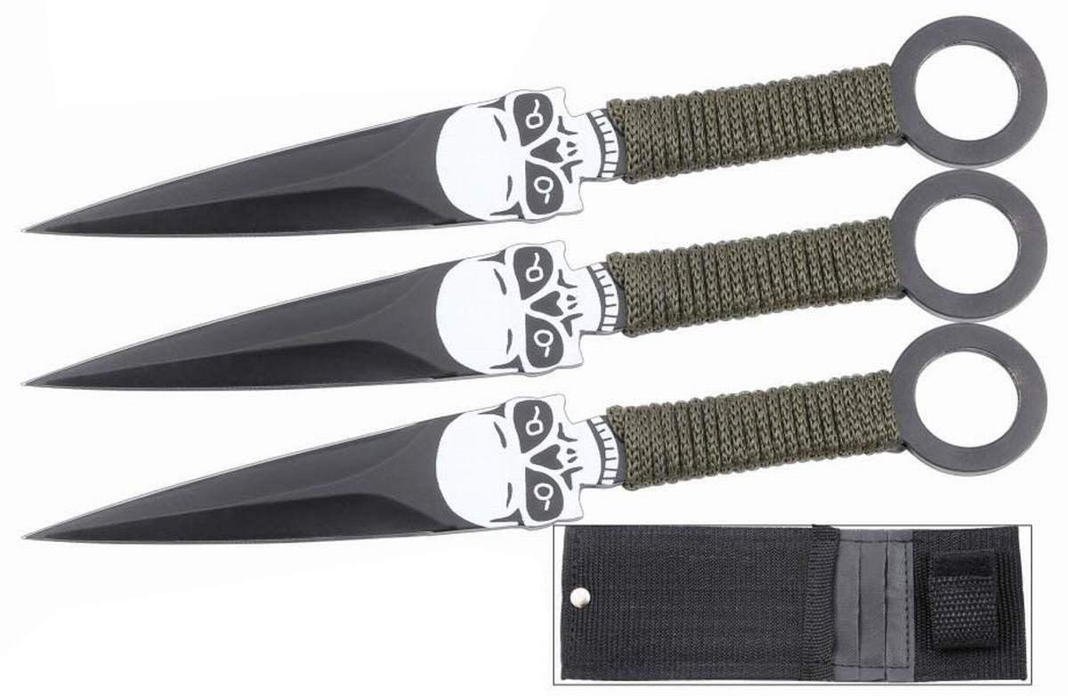 Set de 3 cuchillos arrojadizos con diseño y funda de calavera